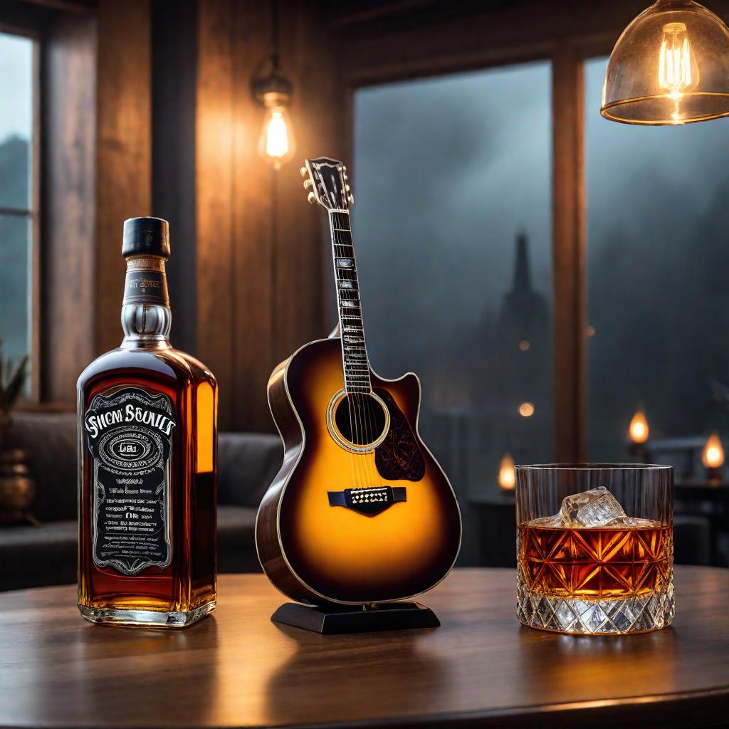  what would an object made up of these two objects look like? guitar and whiskey bottle. hyperrealistic, full body, detailed clothing, highly detailed, cinematic lighting, stunningly beautiful, intricate, sharp focus, f/1. 8, 85mm, (centered image composition), (professionally color graded), ((bright soft diffused light)), volumetric fog, trending on instagram, trending on tumblr, HDR 4K, 8K