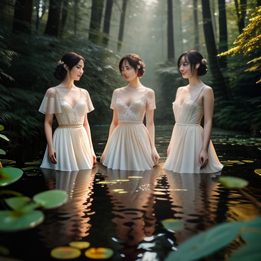  three dancing nymphs with beautiful grace figures at the pond with pitches against the background of the fentesian forest, photorealistic, hyperrealistic, hyperdetailed, analog style, demure, detailed skin, pores, smirk, smiling eyes, matte skin, soft lighting, subsurface scattering, realistic, heavy shadow, masterpiece, best quality, ultra realistic, 8k, golden ratio, intricate, high detail, film photography, soft focus hyperrealistic, full body, detailed clothing, highly detailed, cinematic lighting, stunningly beautiful, intricate, sharp focus, f/1. 8, 85mm, (centered image composition), (professionally color graded), ((bright soft diffused light)), volumetric fog, trending on instagram, trending on tumblr, HDR 4K, 8K