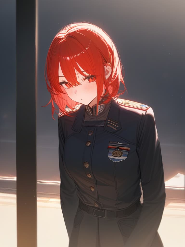  red hair bob, red eyes, uniform, masterpiece, best quality,8k,ultra detailed,high resolution,an extremely delicate and beautiful,hyper detail