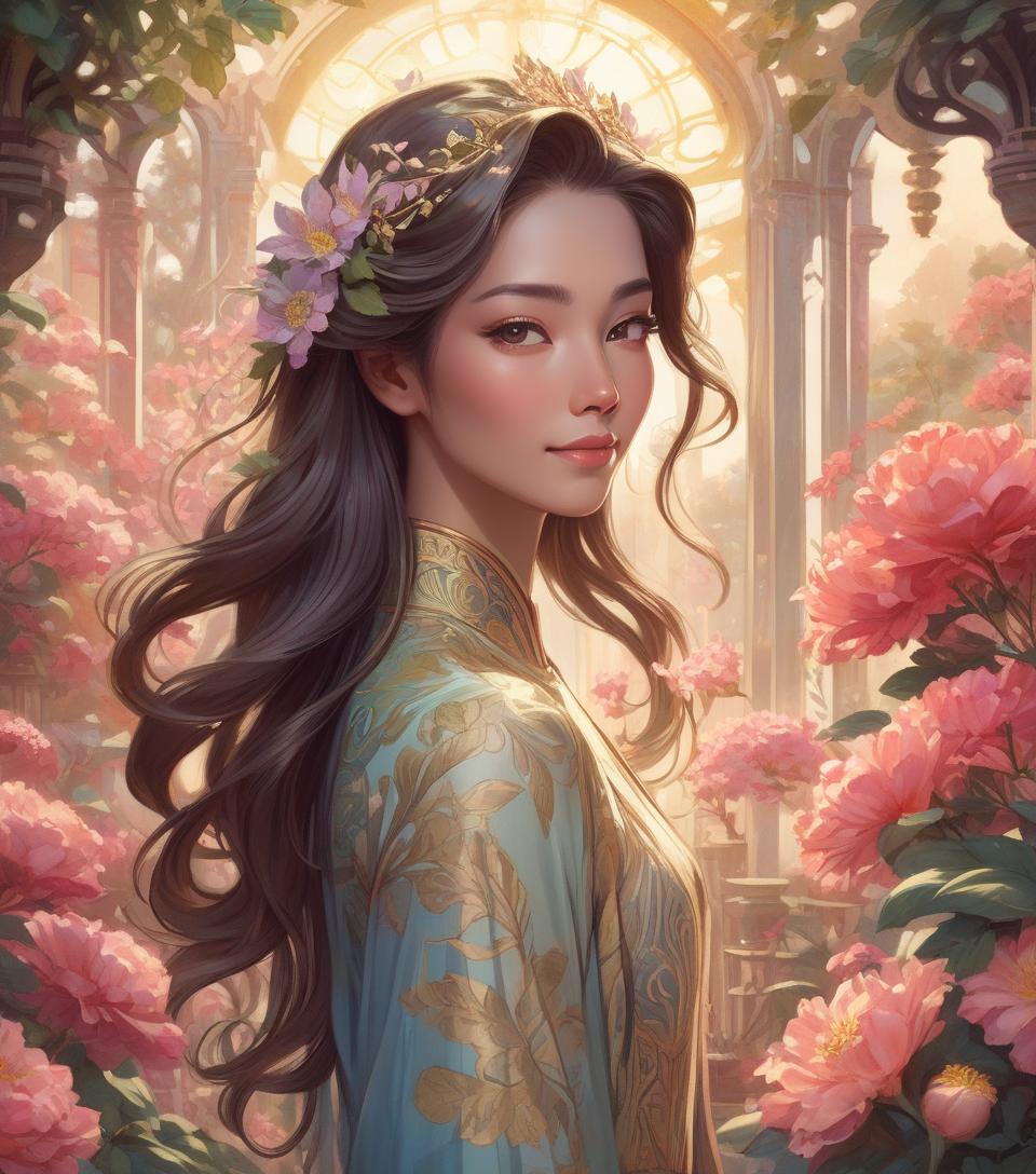  concept art oriental woman sporting a subtle smile amidst an opulent flower garden, imperial hues enveloping the art nouveau inspired floral backdrop, crowned regally, radiant backlighting highlighting her flowing hair, radiant, mythical allure transcending existence, watercolor aesthetic, greg rutkowski's touch, trending on artstation, razor sharp focus, studio setting, elaborate intricacies, volumetric . digital artwork, illustrative, painterly, matte painting, highly detailed