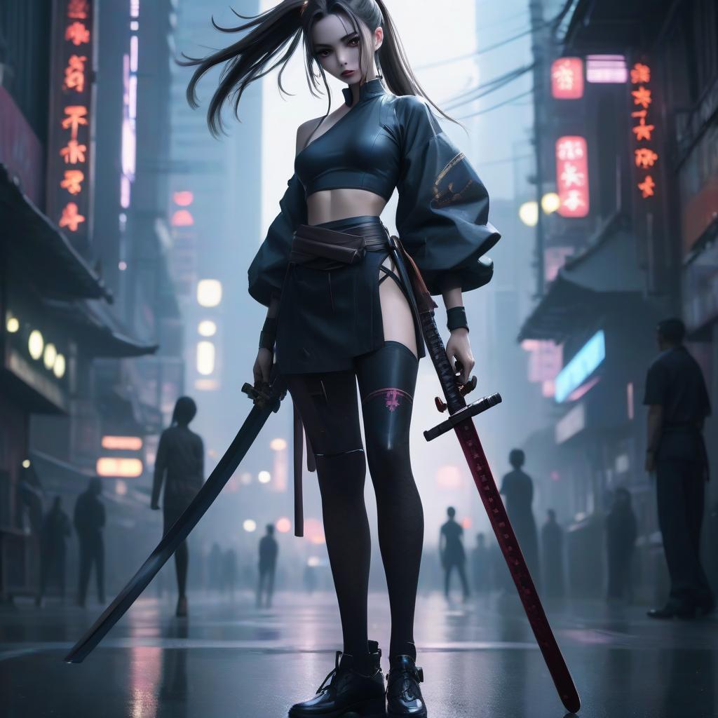  a slender athletic girl with long legs, very high heeled shoes, in her hand a long samurai katana sword, hair tied in a ponytail, in the style of japanese cyberpunk, in bangkok, photo below, in the style of christopher nolan, high quality photography, in an epic pose