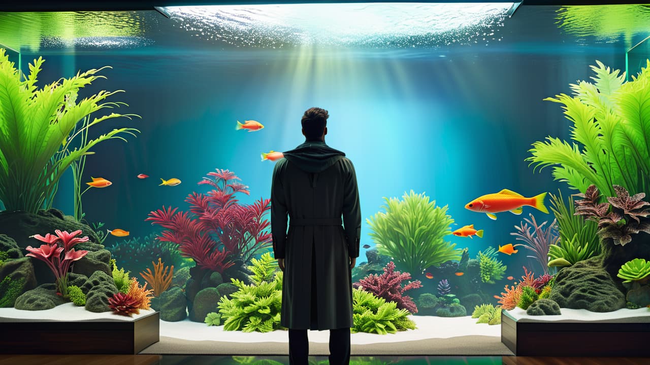  a vibrant aquarium scene featuring colorful fish, lush aquatic plants, a variety of tanks, expensive equipment like high tech filters and lighting, and a person thoughtfully examining their setup, conveying the complexity and beauty of fishkeeping. hyperrealistic, full body, detailed clothing, highly detailed, cinematic lighting, stunningly beautiful, intricate, sharp focus, f/1. 8, 85mm, (centered image composition), (professionally color graded), ((bright soft diffused light)), volumetric fog, trending on instagram, trending on tumblr, HDR 4K, 8K