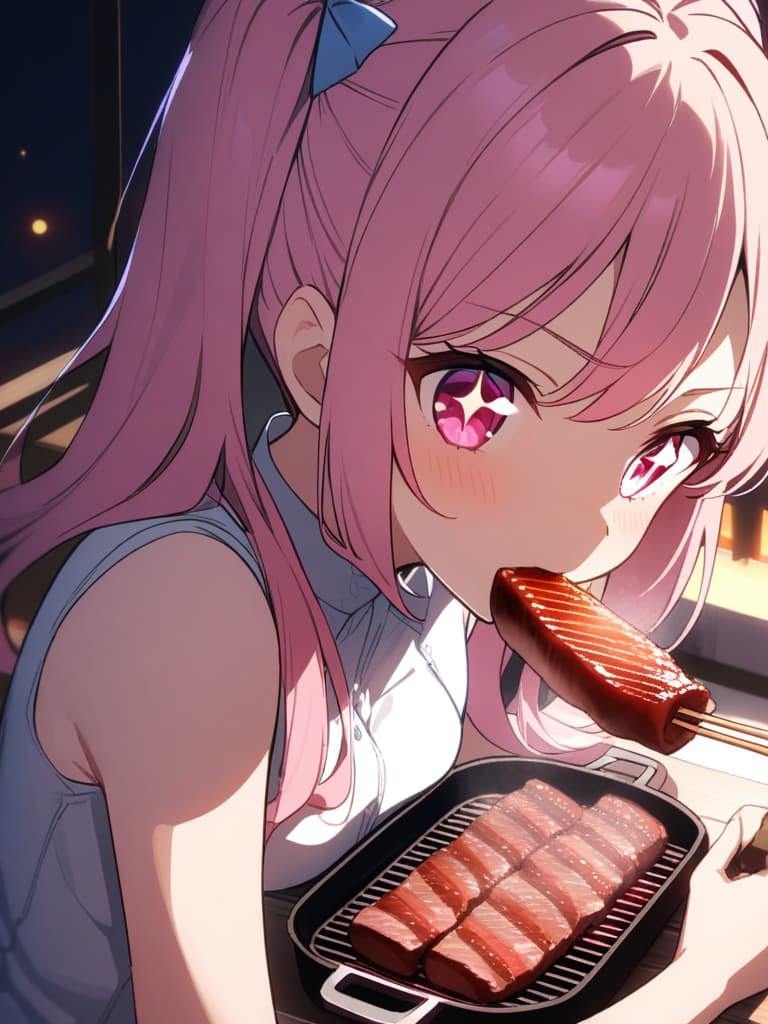  ((yakiniku, eating yakiniku,sparkling eyes,cute,stuffing meat into her mouth)),((pink hair,twin tails,pink eyes,,yakiniku))、ultra detailed,best shadow,cute and beautiful face,(masterpiece:1.2),(best quality:1.2),detailed background,high contrast,(best illumination,an extremely delicate and beautiful),((cinematic light)),hyper detail,dramatic light,intricate details,8k,anime,very aesthetic