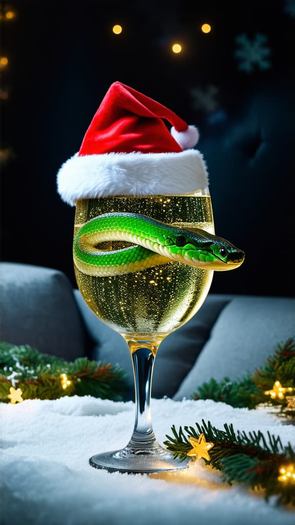  cinematic film style, a green snake in a santa claus hat wraps around a glass of champagne, a new year's atmosphere, glowing garlands, snow and snowflakes ar 9:16, shallow depth of field, vignette, maximum details, high budget hollywood movie, bokeh, cinemascope, moody, epic, gorgeous, sun rays and shadows on furniture and surfaces, flattering light, raw photo, photography, photorealistic, 8k resolution, f1.4, sharpened focus, sharp focus