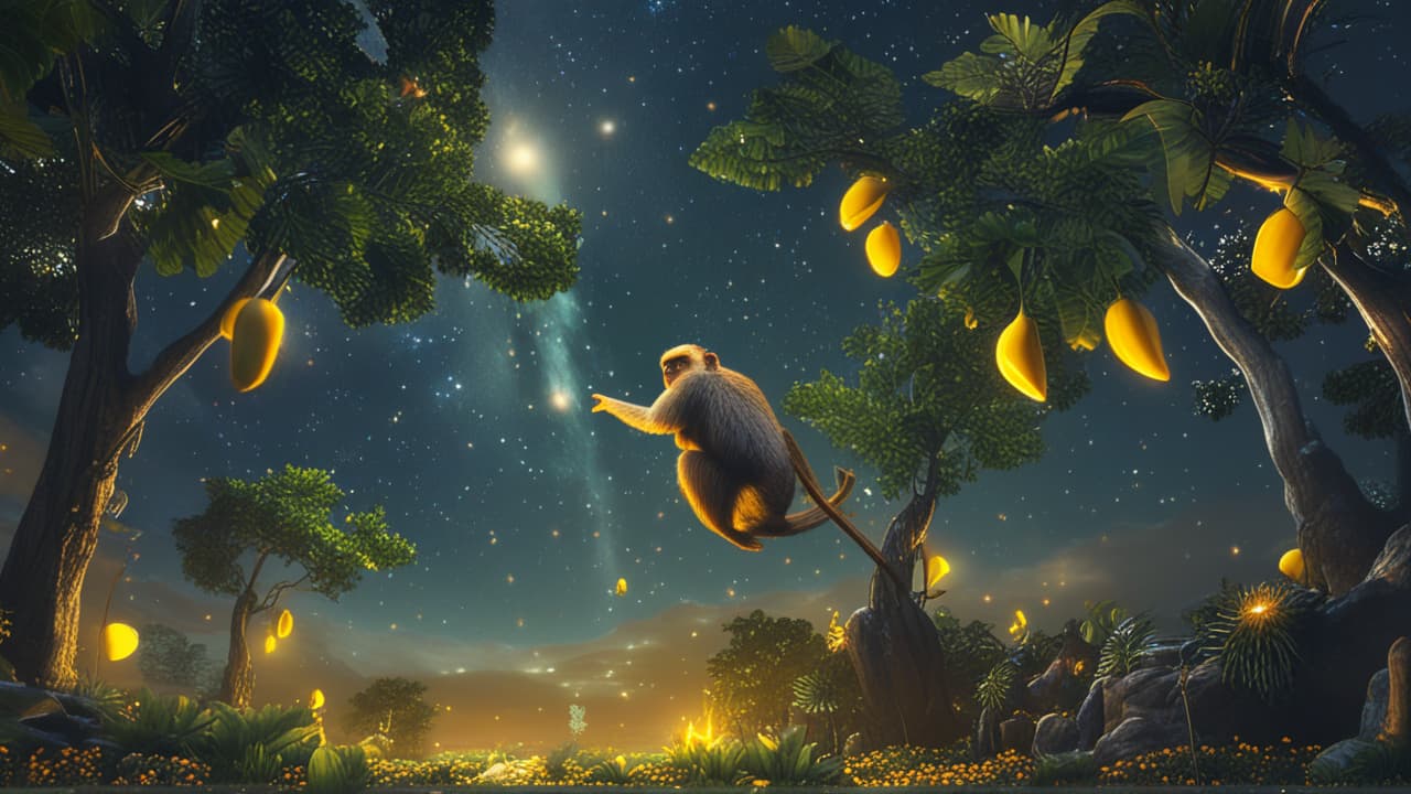  best quality, hd, show me a picture of a beautiful forest with a pond with monkeys swinging in the trees from branch to branch trying to swing to beautiful bright yellow bananas that are glowing yellow in the night sky, with the sky showing stars and the glowing milky way galaxy hyperrealistic, full body, detailed clothing, highly detailed, cinematic lighting, stunningly beautiful, intricate, sharp focus, f/1. 8, 85mm, (centered image composition), (professionally color graded), ((bright soft diffused light)), volumetric fog, trending on instagram, trending on tumblr, HDR 4K, 8K