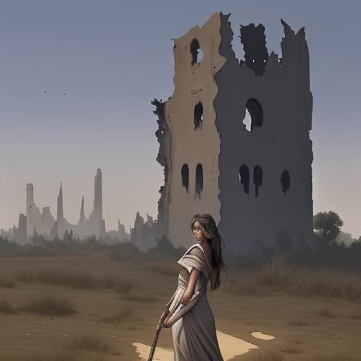  A ruined tower could be seen in the background, surrounded by a scorched countryside. In front of the tower a sword was planted in the bare earth, a piece of cloth tied to its handle. The area is dark.