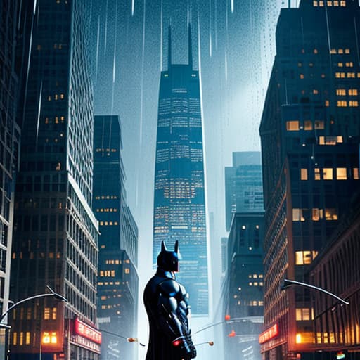  portrait of batman, a light rain, with individual raindrops falling, in urban setting in gotham city, raindrops are crystal clear, reflecting the surrounding environment, a dark and foggy moment of gentle rain, he moonlight and wayne corp building is illuminated in foreground hyperrealistic, full body, detailed clothing, highly detailed, cinematic lighting, stunningly beautiful, intricate, sharp focus, f/1. 8, 85mm, (centered image composition), (professionally color graded), ((bright soft diffused light)), volumetric fog, trending on instagram, trending on tumblr, HDR 4K, 8K