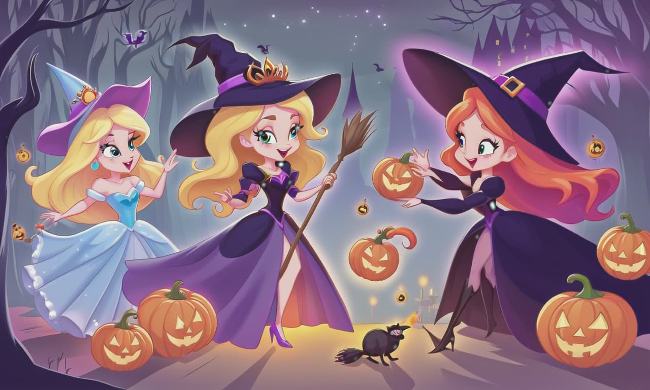  cartoon princesses playing with witches