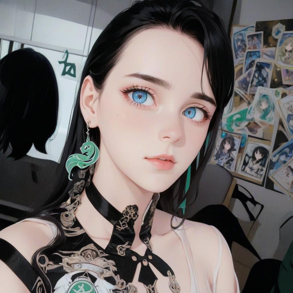  anime artwork , long black hair, open forehead, blue eyes, slytherin shape, , sticker . anime style, key visual, vint, studio anime, highly detailed, sticker