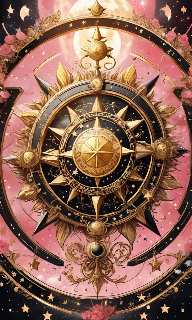  concept art pink, gold, black, white tarot wheel of fortune everywhere stars, moon, sun . digital artwork, illustrative, painterly, matte painting, highly detailed, perfect hands