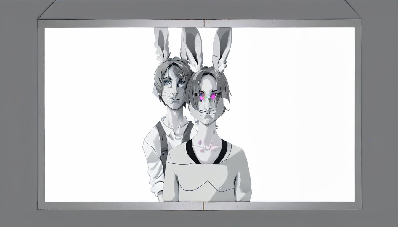  cardboard on the wall of the fury boy and girl gray background in the clothes of the faces of rabbits dressed in gray clothes, film photography style, glowneon, hkmagic