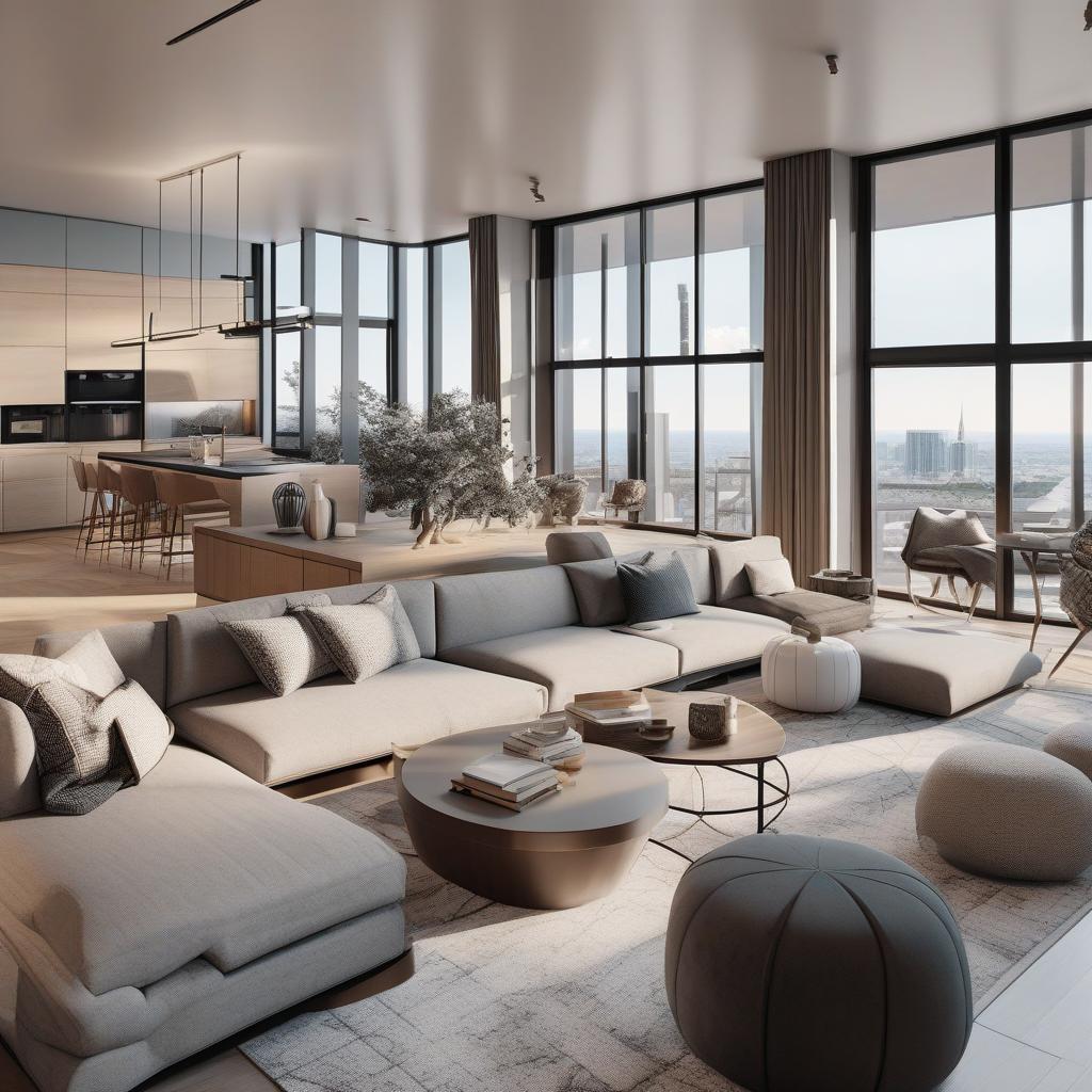  masterpiece, best quality, Best Quality, Masterpiece, 8k resolution,high resolution concept art of an apartment living room with floor to ceiling windows and mhodern furnituren