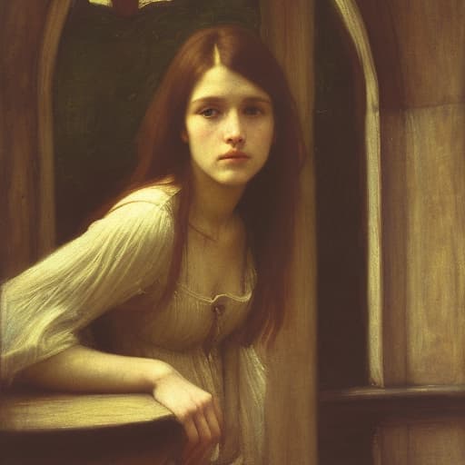 analog style Emotional, dramatic oil painting of a lovely Pre-Raphaelite Beata Beatrix distraught girl accused of witchcraft. It is from the side and she is looking upwards. The composition looks like Dante Gabriel Rossettti’s Beata Beatrix who looks like girl with a pearl earring. Beautiful, ornate, emotionally engaging oil painting with soft, lost edges painted by John William Waterhouse. Complex , ornate composition using the golden ratio.