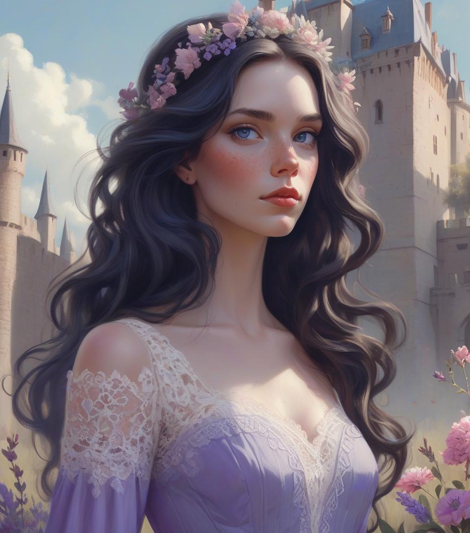  beautiful freckled queen goddess with long wavy black hair, delicate features, pale skin, red cheeks, natural makeup, wearing a lavender dress with lace embroidered flowers, intricate stunning highly detailed girl by artgerm and edouard bisson, highly detailed oil painting, portrait of a beautiful person, art by stanley artgerm, charlie bowater, atey ghailan and mike mignola, silver jewelry, princess, goddess, high quality background, fantasy character concept art, blue sky and castle wall background, prin