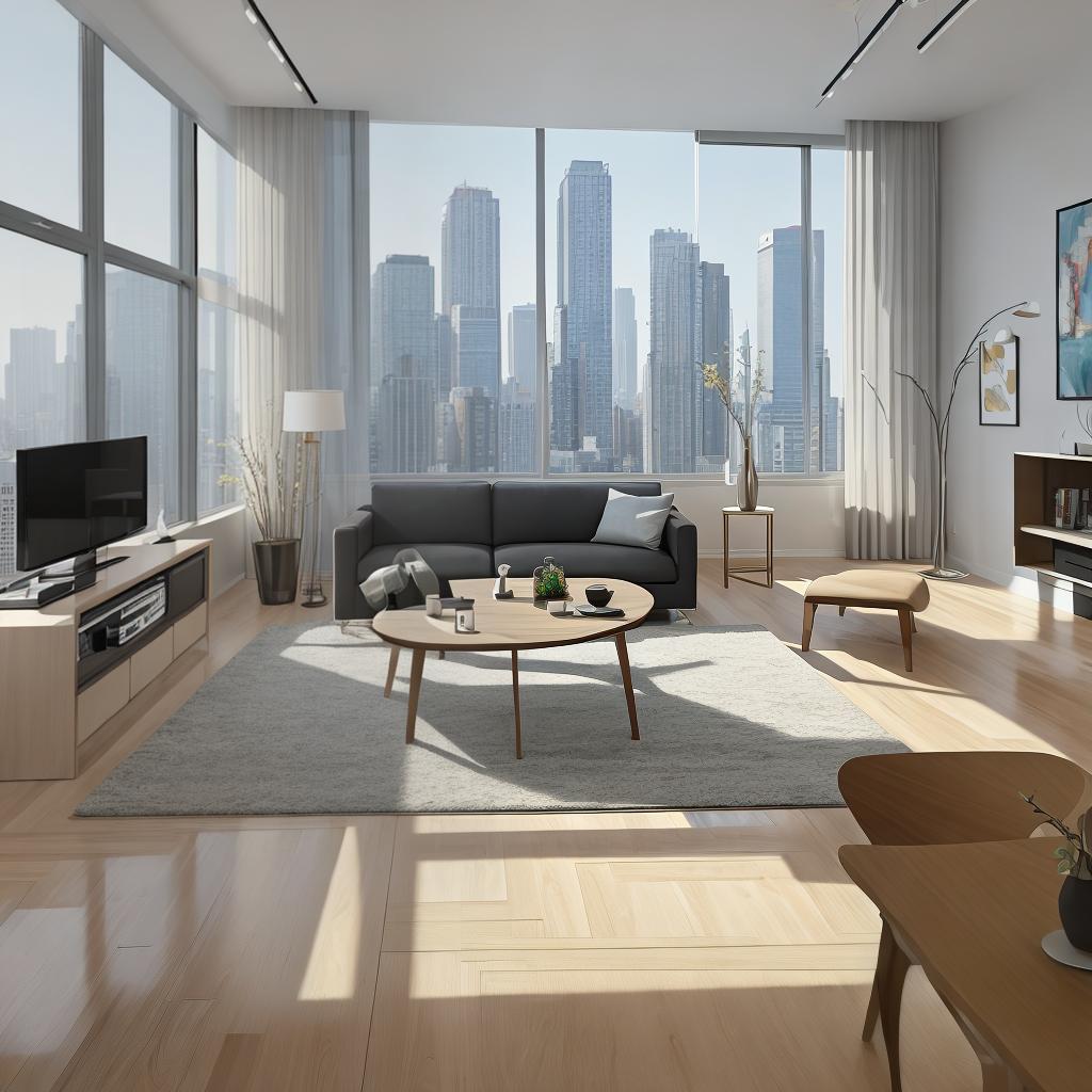  masterpiece, best quality, Best Quality, Masterpiece, 8k resolution,high resolution concept art of an apartment living room with floor to ceiling windows and modern furniture