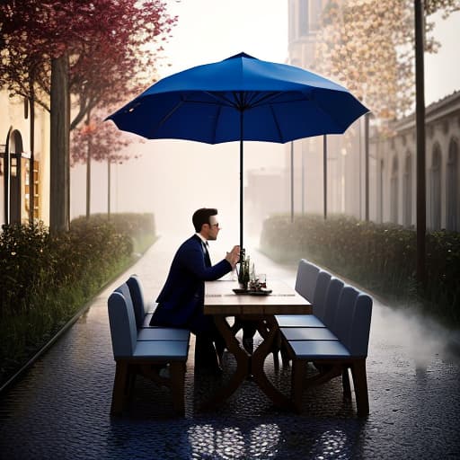 redshift style A person drinking tea outside while raining hyperrealistic, full body, detailed clothing, highly detailed, cinematic lighting, stunningly beautiful, intricate, sharp focus, f/1. 8, 85mm, (centered image composition), (professionally color graded), ((bright soft diffused light)), volumetric fog, trending on instagram, trending on tumblr, HDR 4K, 8K