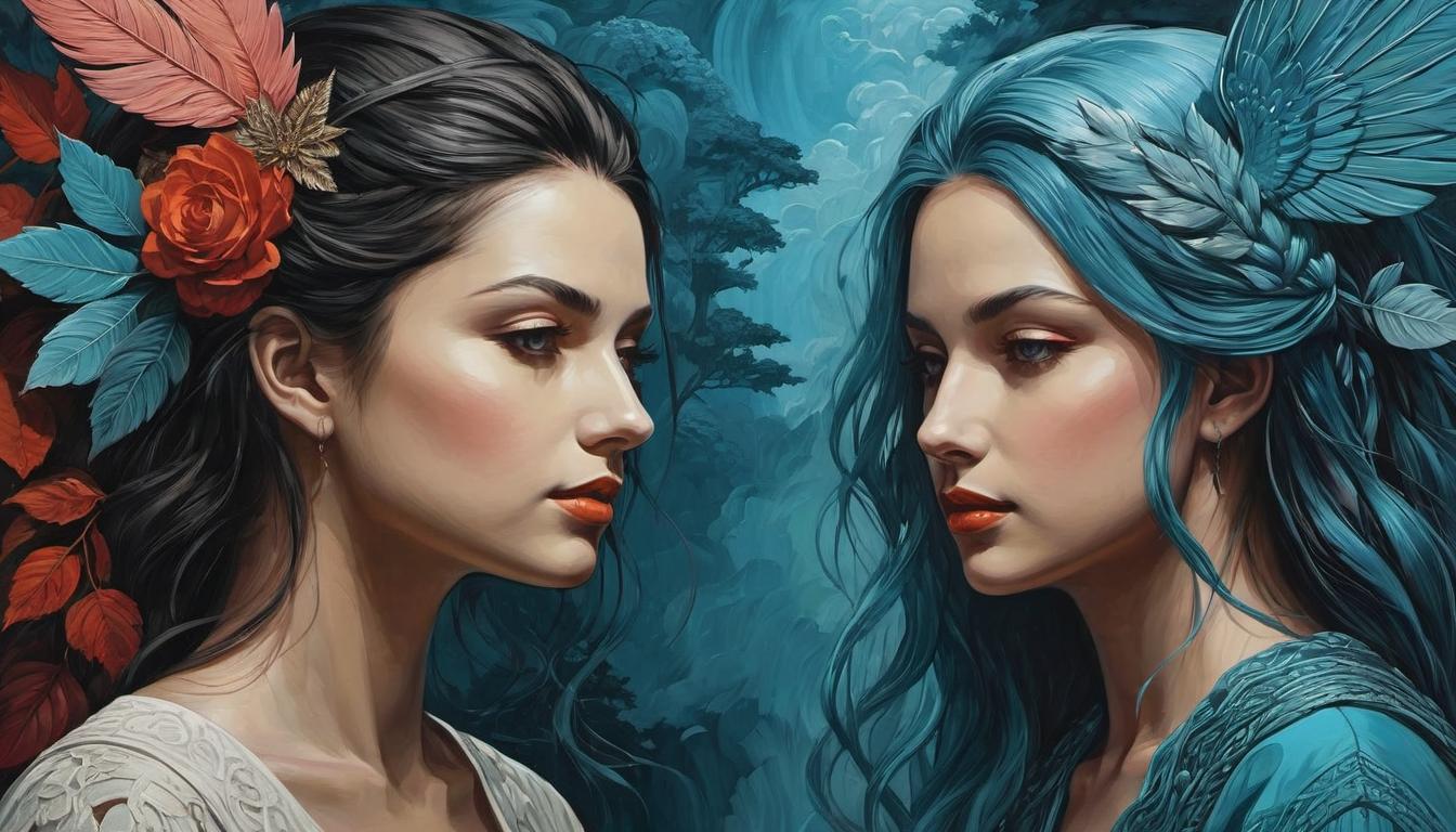  （surrealism)color palette shift, two figures start to dress alike, vivid display of identical tones, ongoing transition, visible transformation mystic, intricate details, best quality)