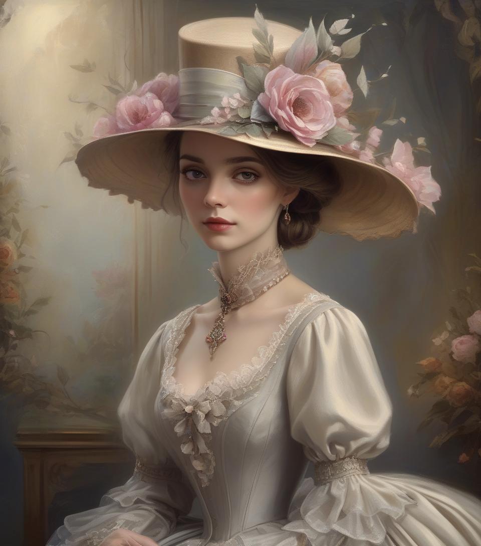  concept art painting of a woman in a dress and hat of the victorian era, in the style of the 1850s, beautiful fantasy painting, romantic painting, fantasy style, elegant oil painting, elegant and exquisite painting, very beautiful fantasy painting, detailed 3d gothic romantic era, painting . digital artwork, illustrative, painterly, matte painting, highly detailed