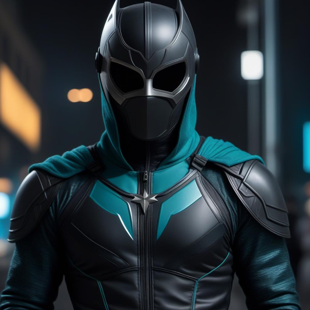  Young man stealthy vigilante full-body shot, wearing original Vigilante costume that covers him from head to toe with mask, centred, full-lenght view, highly detailed body, highly detailed mask, costume design like Sideways, black and teal colours of costume, 32K, cinematic, photorealistic, Ultra-Realistic, HDR, hyperrealism, intricate design of costume, vivid, lifelike, high fidelity, detailed textures, immersive, sharp focus, black background