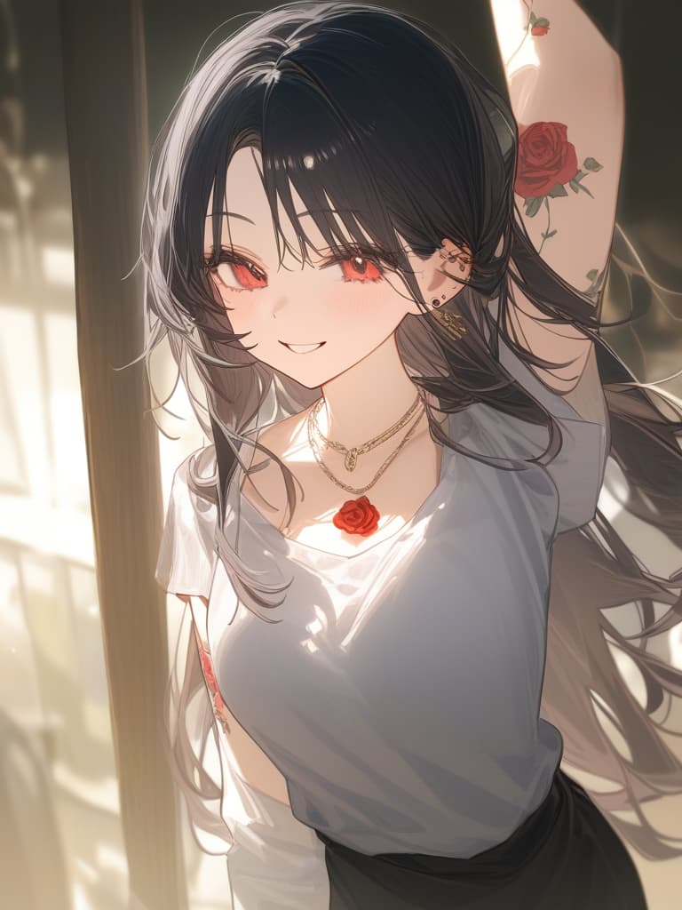  long hair, black hair, hair tips are pink, red eyes, hanging, bangs, and length of bangs, adults, adult faces, piercings, necklaces, hair are light pink and black, thin makeup on the arm. there is a rose tattoo, a rose tattoo on your arm, smiling, masterpiece, best quality,8k,ultra detailed,high resolution,an extremely delicate and beautiful,hyper detail