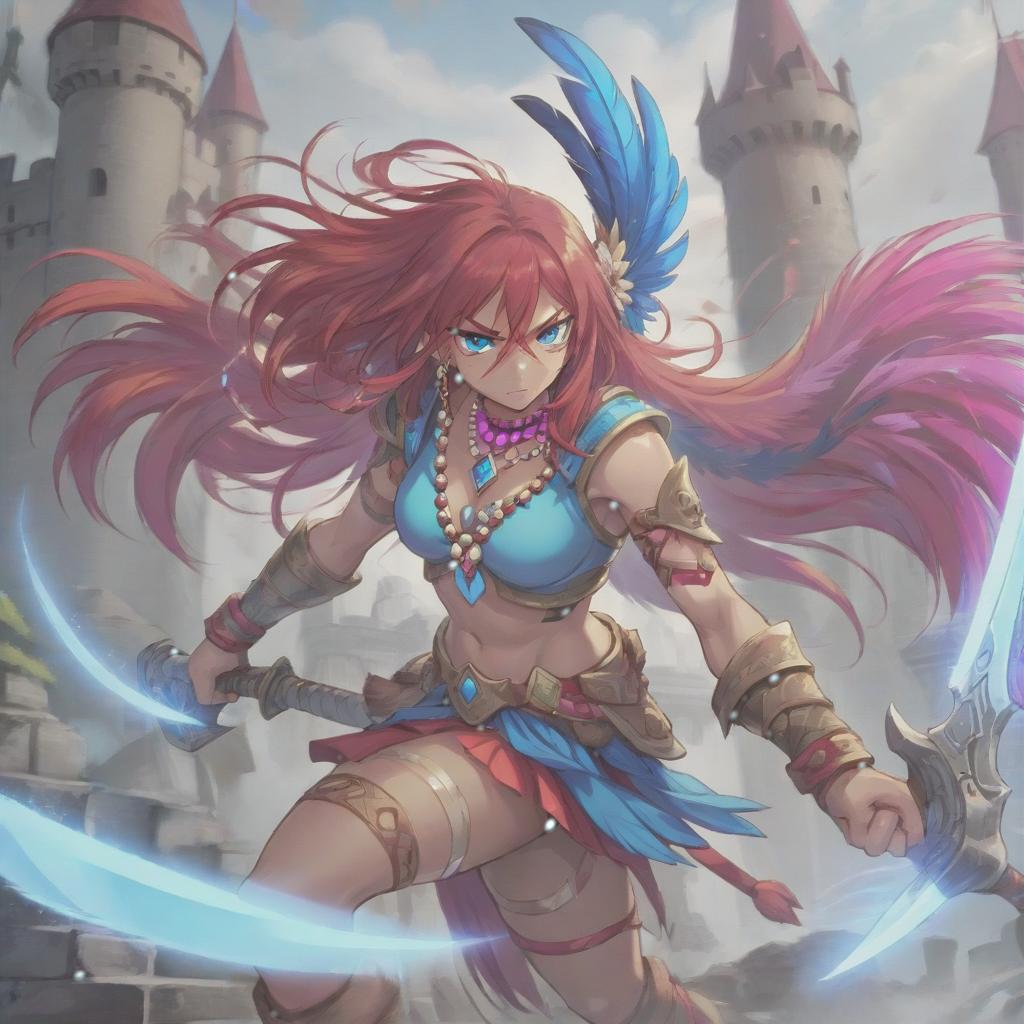  long exposure photo of portrait of strong rage amazonas warrior with paired blades. blue eye. long red hair. tilting head down, magenta mantle, shoulder pad feather, accessory necklace with pearls on the forehead, against the background of the castle siege . blurred motion, streaks of light, surreal, dreamy, ghosting effect, highly detailed, sticker, hkmagic