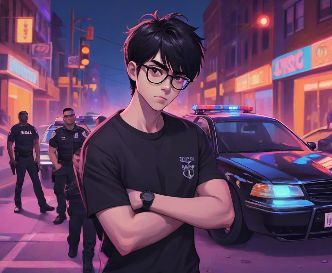  draw a young guy in a black jersey wearing black hair glasses under a car in a neon town against the background of a us police car