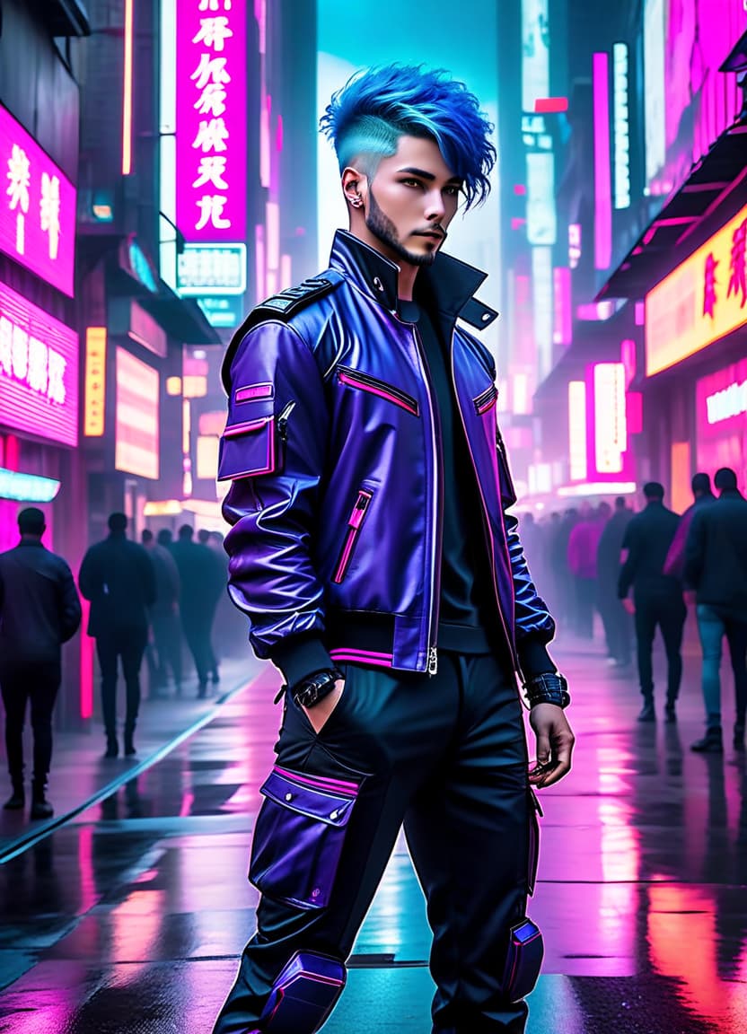  neonpunk style genazi air, young man stands full height, bristles on the face, beard, rough facial features. short hairstyle, blue hair, air magician, sorcerer, fully body, show full body with legs, 8k, hdr, masterpiece, hyperrealisme, extreme detalied, . cyberpunk, vaporwave, neon, vibes, vibrant, stunningly beautiful, crisp, detailed, sleek, ultramodern, magenta highlights, dark purple shadows, high contrast, cinematic, ultra detailed, intricate, professional, perfecteyes