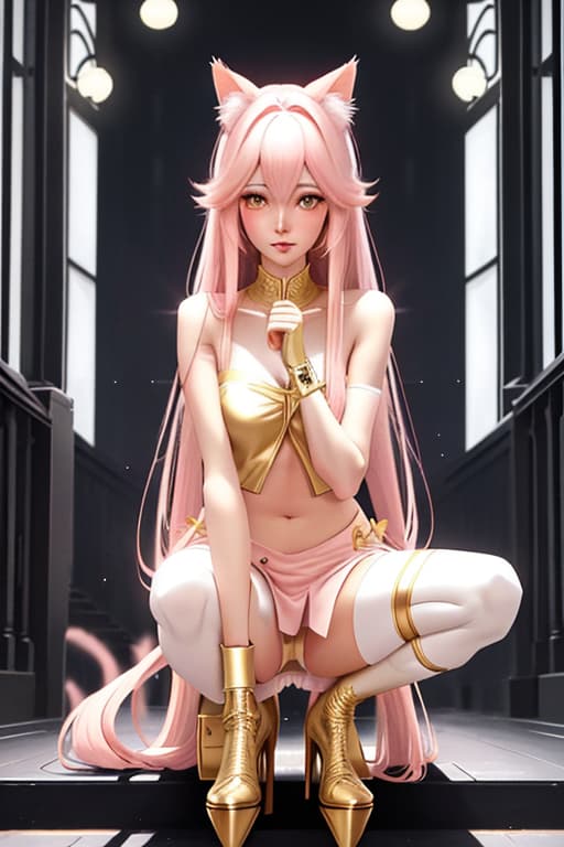  an image of a girl with thin light pink long hair with cat ears,in a fantasy light pink sailor outfit with short ,golden eyes,blushing,on stairs at dusk,showing black ,crouching. hyperrealistic, full body, detailed clothing, highly detailed, cinematic lighting, stunningly beautiful, intricate, sharp focus, f/1. 8, 85mm, (centered image composition), (professionally color graded), ((bright soft diffused light)), volumetric fog, trending on instagram, trending on tumblr, HDR 4K, 8K