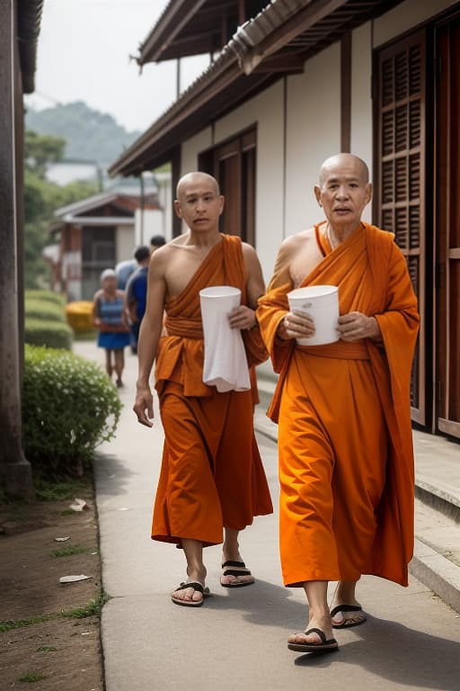  thai monks walk to collect alms in the morning. there are elderly people waiting to give alms., advertising photo,high quality, good proportion, masterpiece , the image is captured with an 8k camera