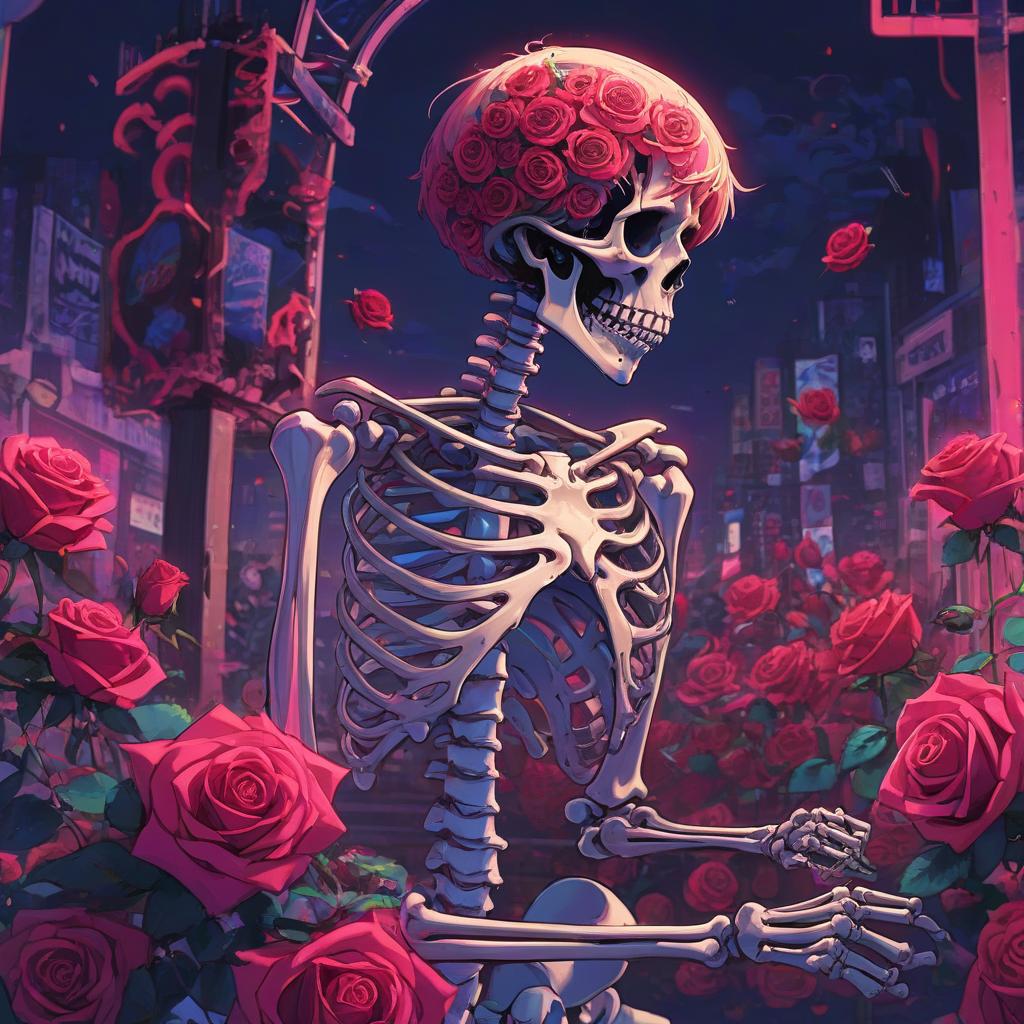  anime artwork skeleton. neon. roses . anime style, key visual, vibrant, studio anime, highly detailed