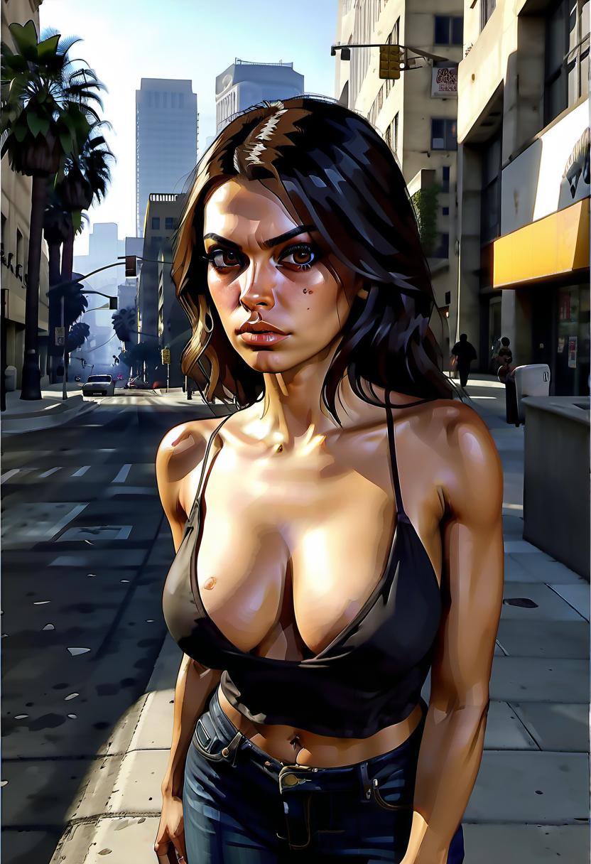  breathtaking a woman who has very big brown eyes wooman style video game grand theft auto 5, in town los angeles on bitch, iphone in hand . award winning, professional, highly detailed, film photography style