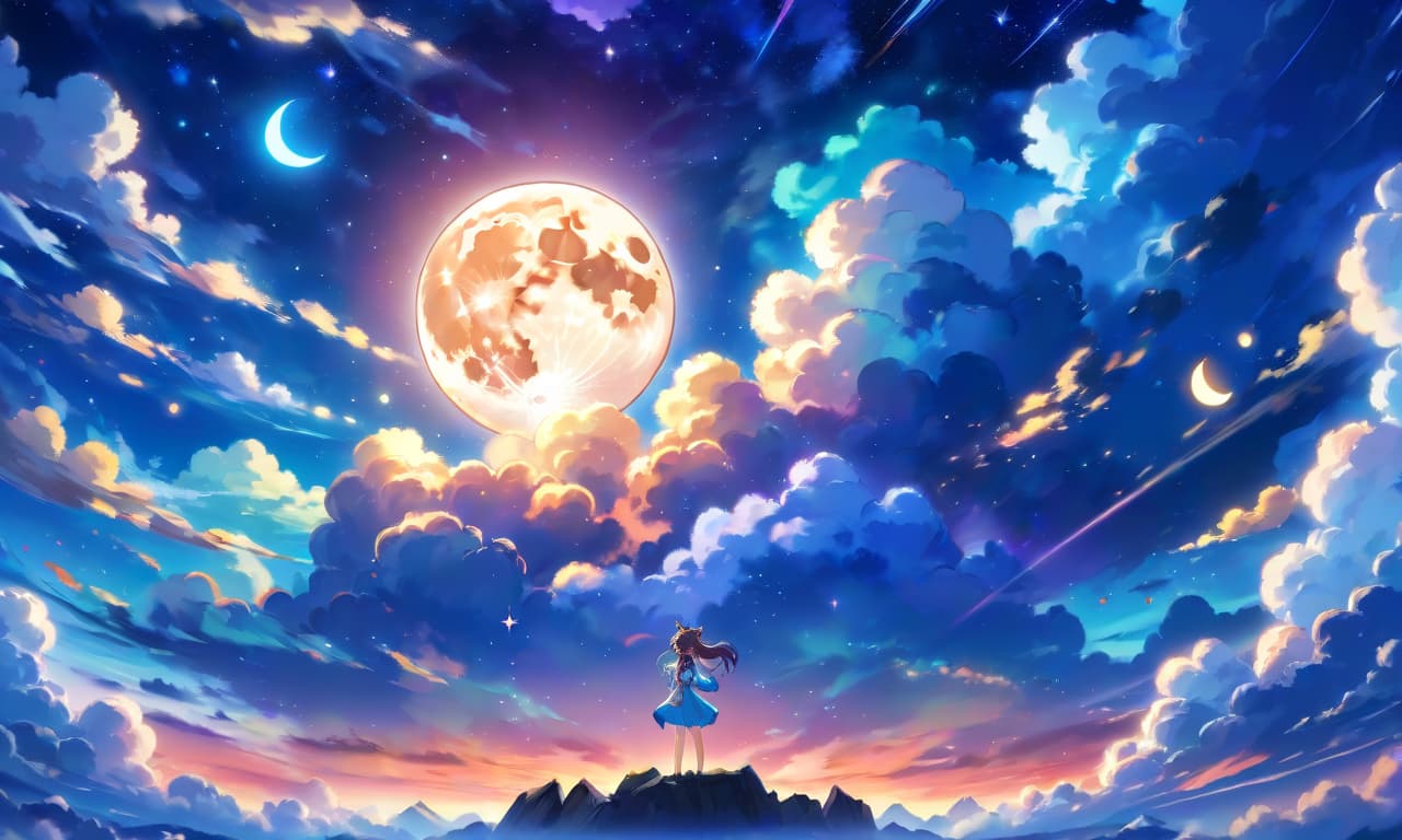  anime artwork night sky. the moon. clouds. blue hues . anime style, key visual, vibrant, studio anime, highly detailed