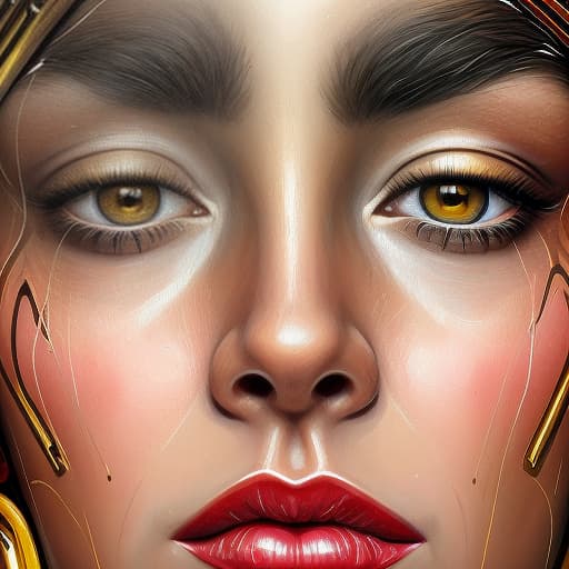  a close up of a painting of a woman's face, a hyperrealistic painting, inspired by sandra chevrier, figurative art, karol bak uhd, gold and red metal, daniel lezama painting style, jim warren