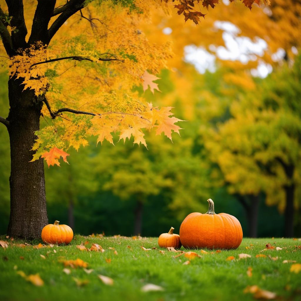  professional detailed photography, create an autumn forest, in the background green foliage in a blur, in the foreground a maple with yellow foliage, there is one orange pumpkin under the tree, next to this pumpkin there are two more small orange pumpkins, (muted colors, dim colors, soothing tones), (vsco:0.3)