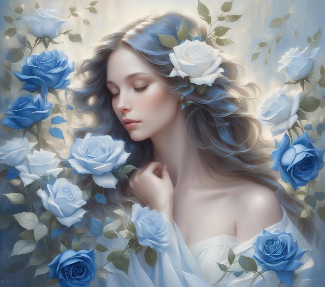  a serene woman with flowing hair holds blue and white roses, surrounded by soft light and delicate leaves, embodying grace and beauty in a captivating portrait