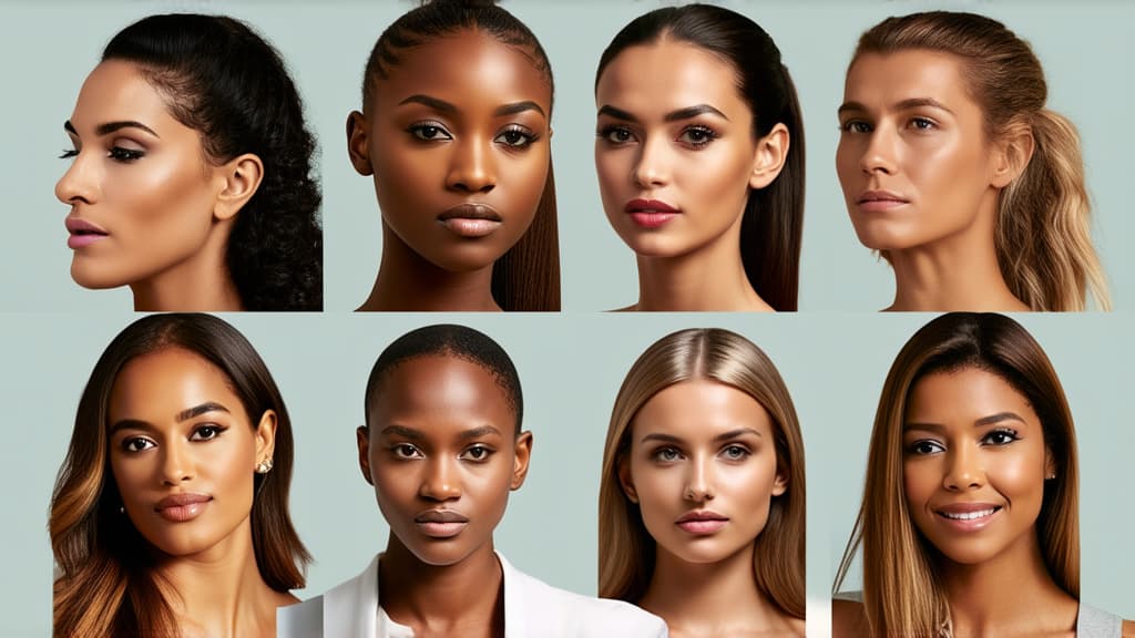  different beauty. set of different female heads on light background. different races and nationalities. ar 16:9, (natural skin texture), highly detailed face, depth of field, hyperrealism, soft light, muted colors