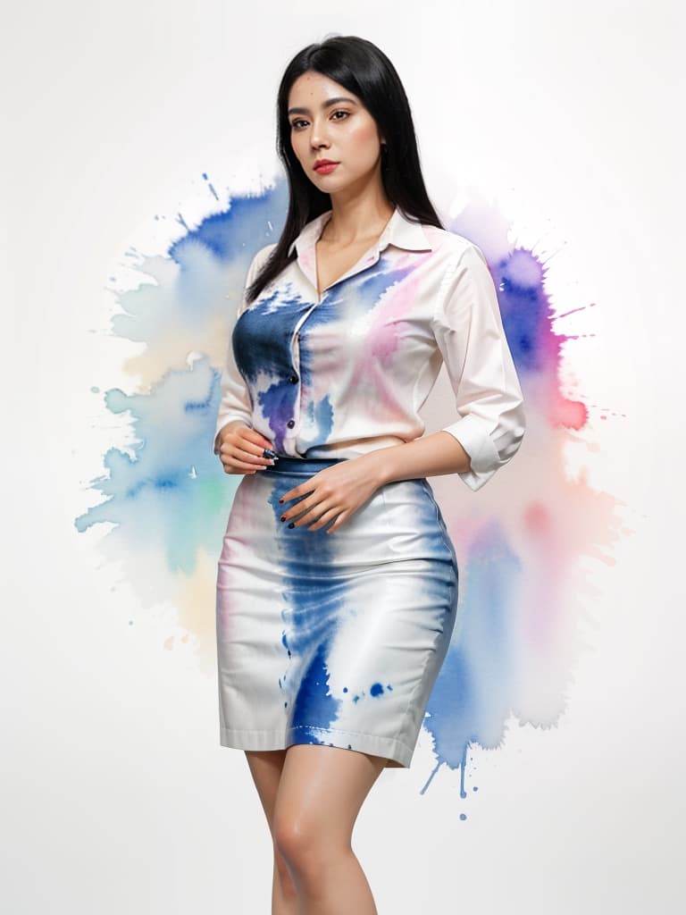  black hair adult female office lady, whole body standing watercolor painting, masterpiece, best quality,8k,ultra detailed,high resolution,an extremely delicate and beautiful,hyper detail