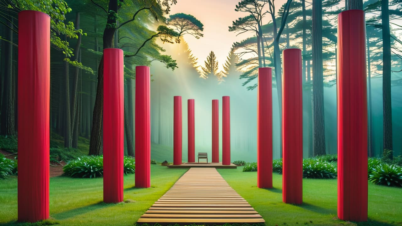  create an artistic representation of eight interconnected pillars, each symbolizing aspects of holistic wellness: physical health, emotional well being, social relationships, spiritual growth, environmental harmony, intellectual development, occupational fulfillment, and financial stability, all set in a serene nature backdrop. hyperrealistic, full body, detailed clothing, highly detailed, cinematic lighting, stunningly beautiful, intricate, sharp focus, f/1. 8, 85mm, (centered image composition), (professionally color graded), ((bright soft diffused light)), volumetric fog, trending on instagram, trending on tumblr, HDR 4K, 8K