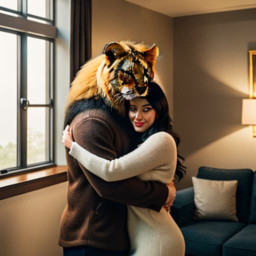  a big cat hugs a cute girl in the living room,pokemon,lion hyperrealistic, full body, detailed clothing, highly detailed, cinematic lighting, stunningly beautiful, intricate, sharp focus, f/1. 8, 85mm, (centered image composition), (professionally color graded), ((bright soft diffused light)), volumetric fog, trending on instagram, trending on tumblr, HDR 4K, 8K