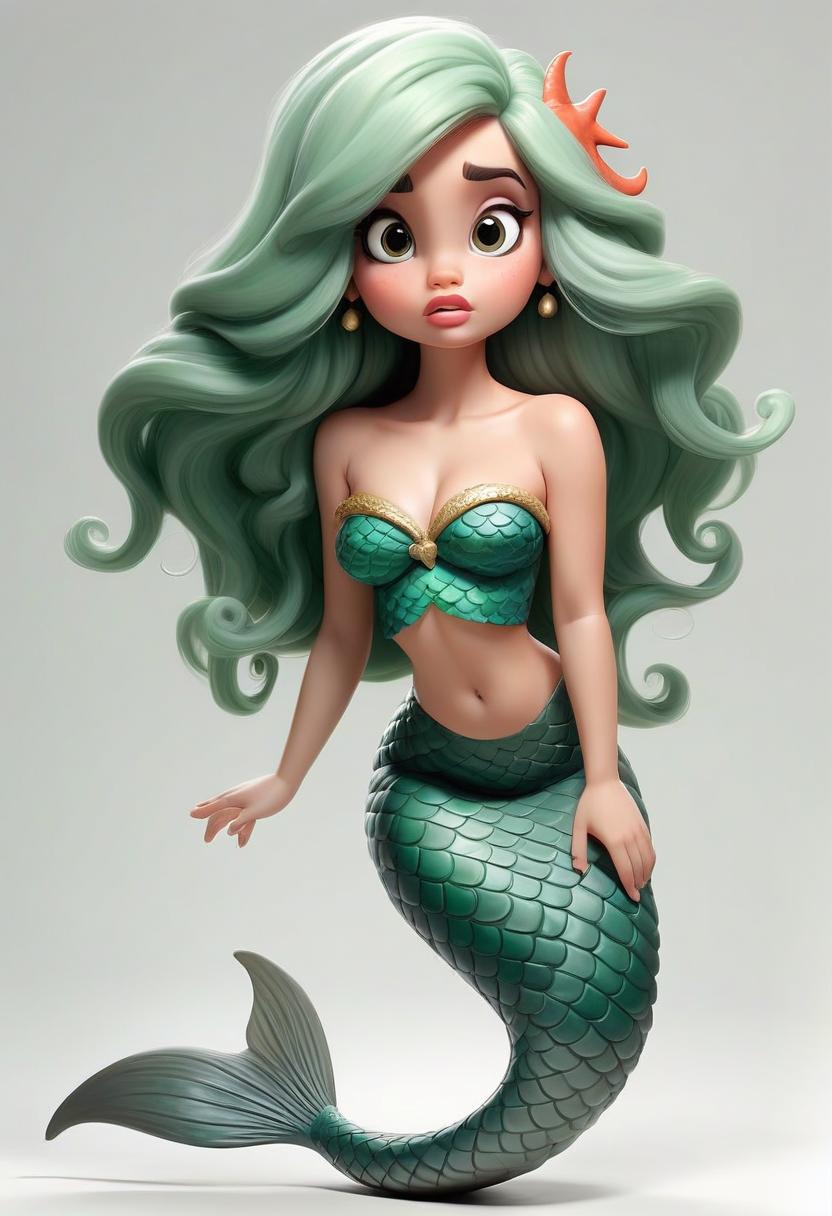  a full length little mermaid. nice face, plump cheeks, plump lips, big eyes, green hair. fish tail. white background.