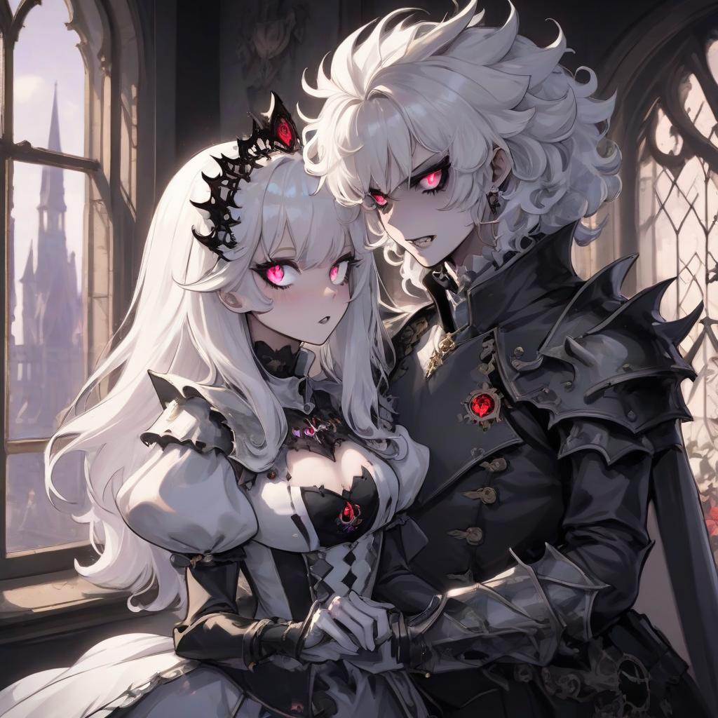  a woman that is standing in front of a window, dragon fangs, black sclera eyes, beautiful girl necromancer, marie antoinette, very glowing eyes, curly white hair, prince crown of black gears, carnage fangs, 8 h, beautiful female knight, consist of shadow, 2b, ghoul