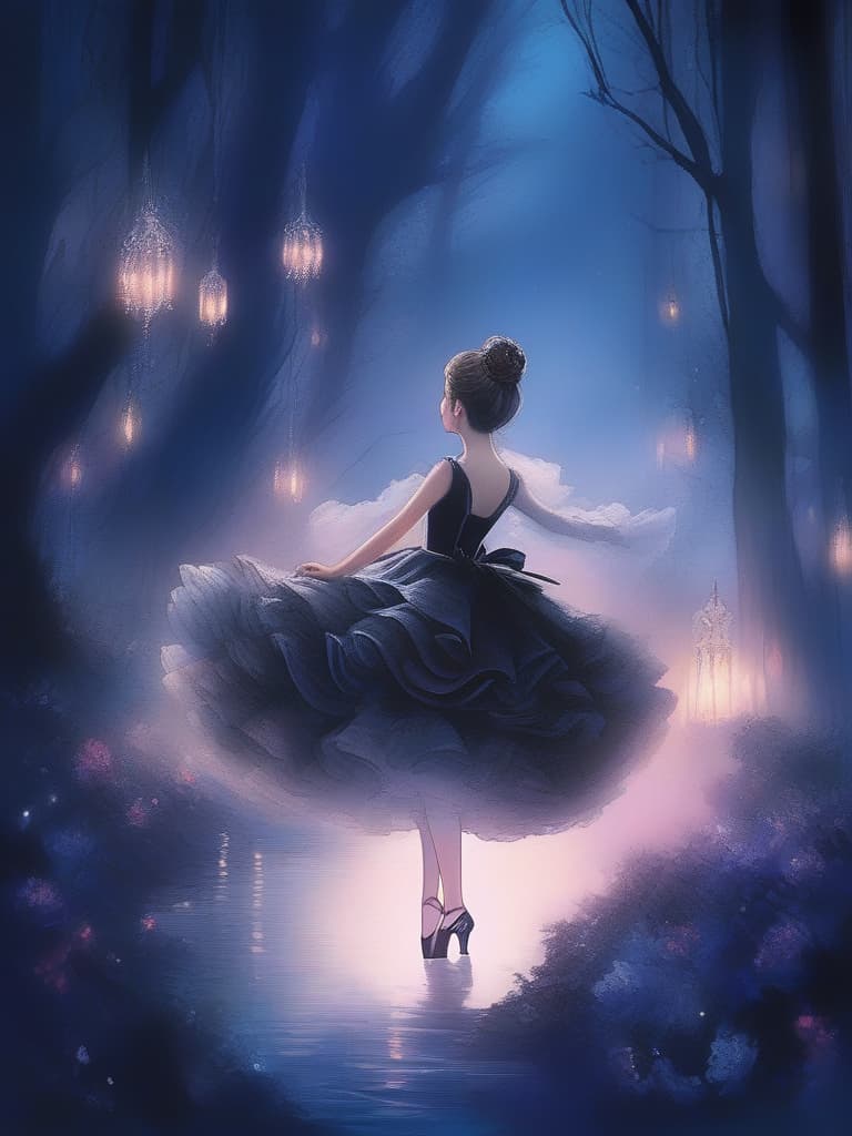  detailed,vivid colors,rough forest background,(masterpiece,hyper quality 1 5),ultra detailed,highlight eyes,detailed face,looking,scenery,master piece,best quality,ultra detailed,high resolution,8k,a ballerina,ballerina clothes,cute dollike girls,a sea of clouds illuminated by moonlight,dark forest world,magical animals,charming girls,gothic lolita,100 tiered ruffle,dark gradient,black swan