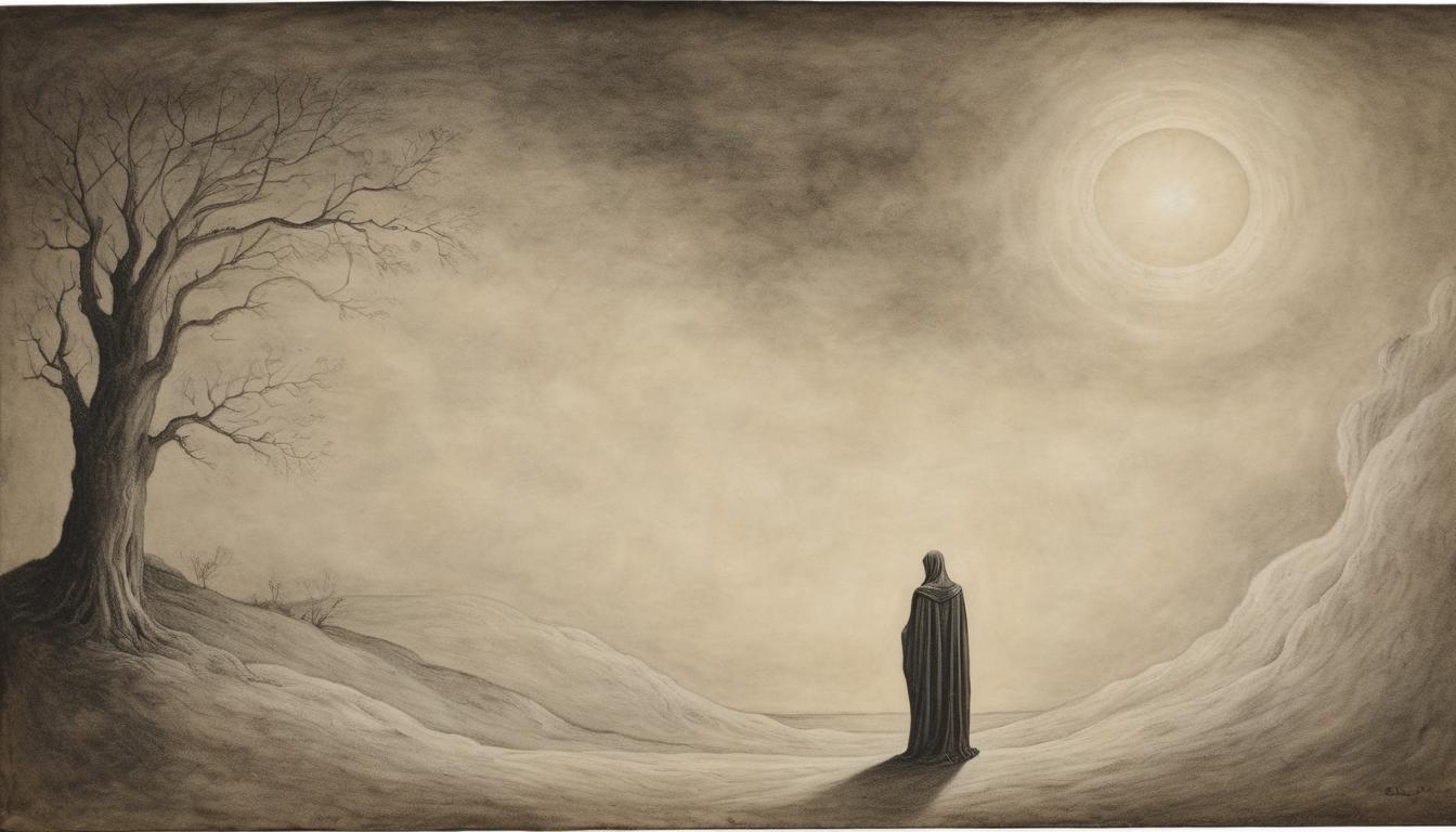  on parchment, surrealism++, solitary figure with a faint, radiant halo, enveloped in shadows, sense of loneliness, ethereal glow(mysterious, provocative, symbolic)++