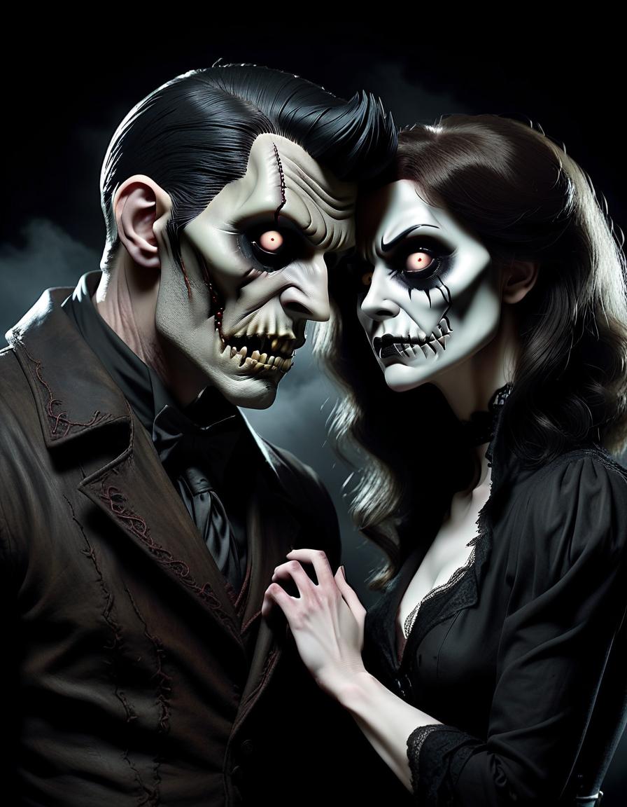  horror themed man and woman, love . eerie, unsettling, dark, spooky, suspenseful, grim, highly detailed