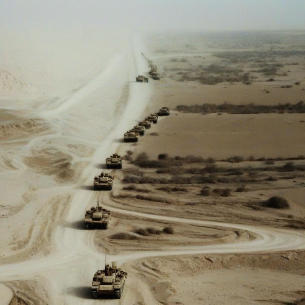  a desert in afghanistan. a sandy road, a column of military equipment moves along the road. a bird's eye view.