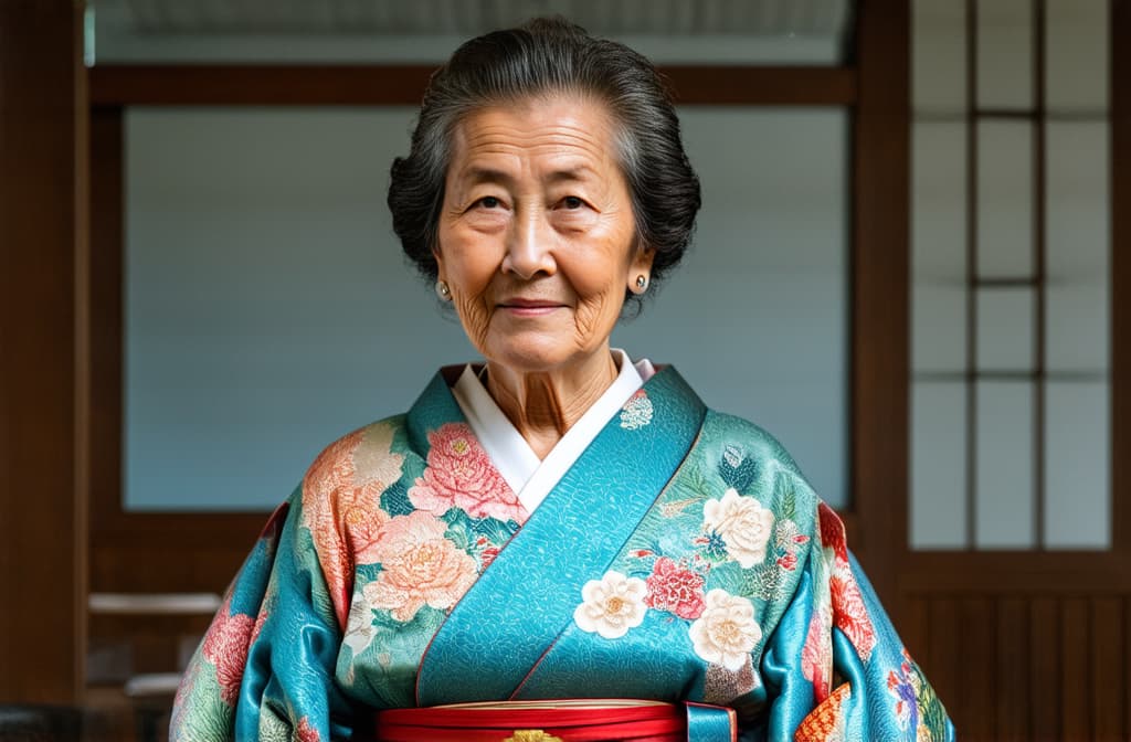  professional detailed photography, half length portrait of a beautiful elderly japanese woman in kimono ar 3:2, (muted colors, dim colors, soothing tones), (vsco:0.3)