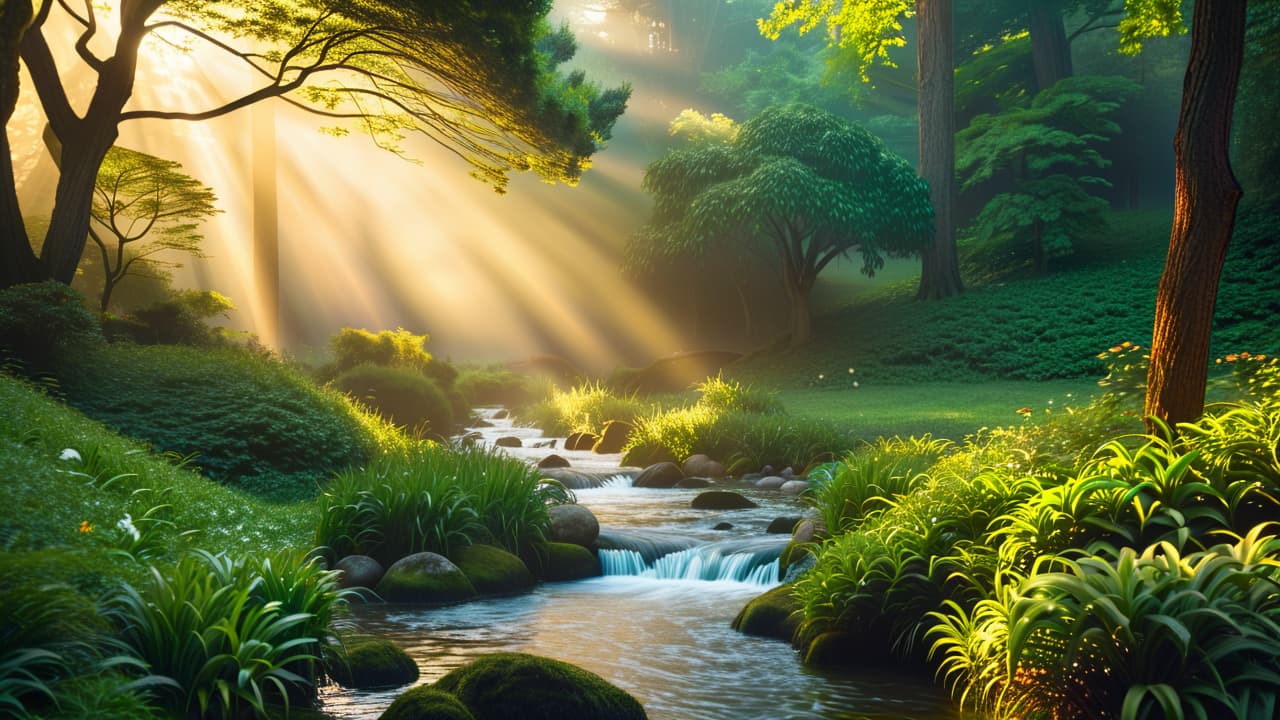  a serene landscape featuring a tranquil garden with diverse plants, a flowing stream, a meditating figure surrounded by nature, and soft sunlight filtering through trees, embodying balance and interconnectedness in wellness. hyperrealistic, full body, detailed clothing, highly detailed, cinematic lighting, stunningly beautiful, intricate, sharp focus, f/1. 8, 85mm, (centered image composition), (professionally color graded), ((bright soft diffused light)), volumetric fog, trending on instagram, trending on tumblr, HDR 4K, 8K