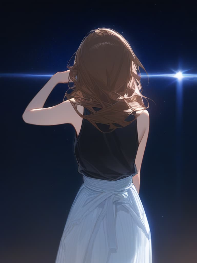  a girl who is laughing at me, bright brown hair, long hair, transparent fleeting, facing here, laughing, under the starry sky, facing here, i am looking at me, wearing a dough cardigan from the top of a black sleeveless, up from the waist, masterpiece, best quality,8k,ultra detailed,high resolution,an extremely delicate and beautiful,hyper detail