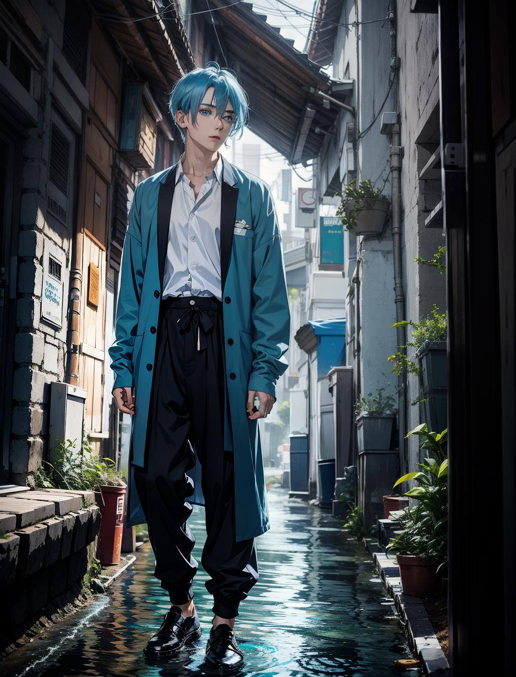  man with bright blue and light blue hair wearing wide sleeved clothes and baggy pants blue and light blue eyes