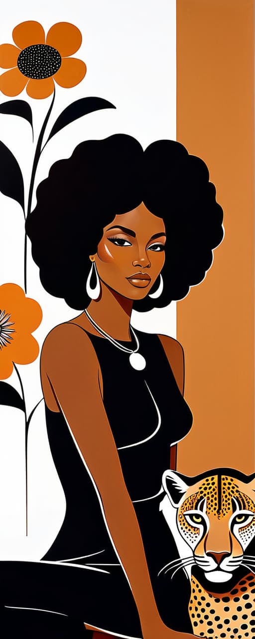  minimalism, a beautiful african woman with brown skin. with an afro. she wears a flowy black outfit. she is resting with a panther. a retro brown 70s flower design is in the background. a minimalist painting, abstract, simple geometic shapes, hard edges, sleek contours, minimalism